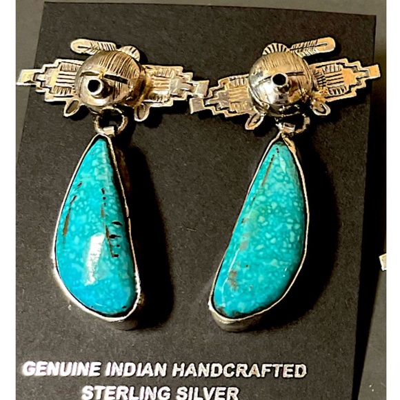 Navajo Kachina Dangle Earrings Numer 8 Turquoise Sterling Silver Bennie Ration